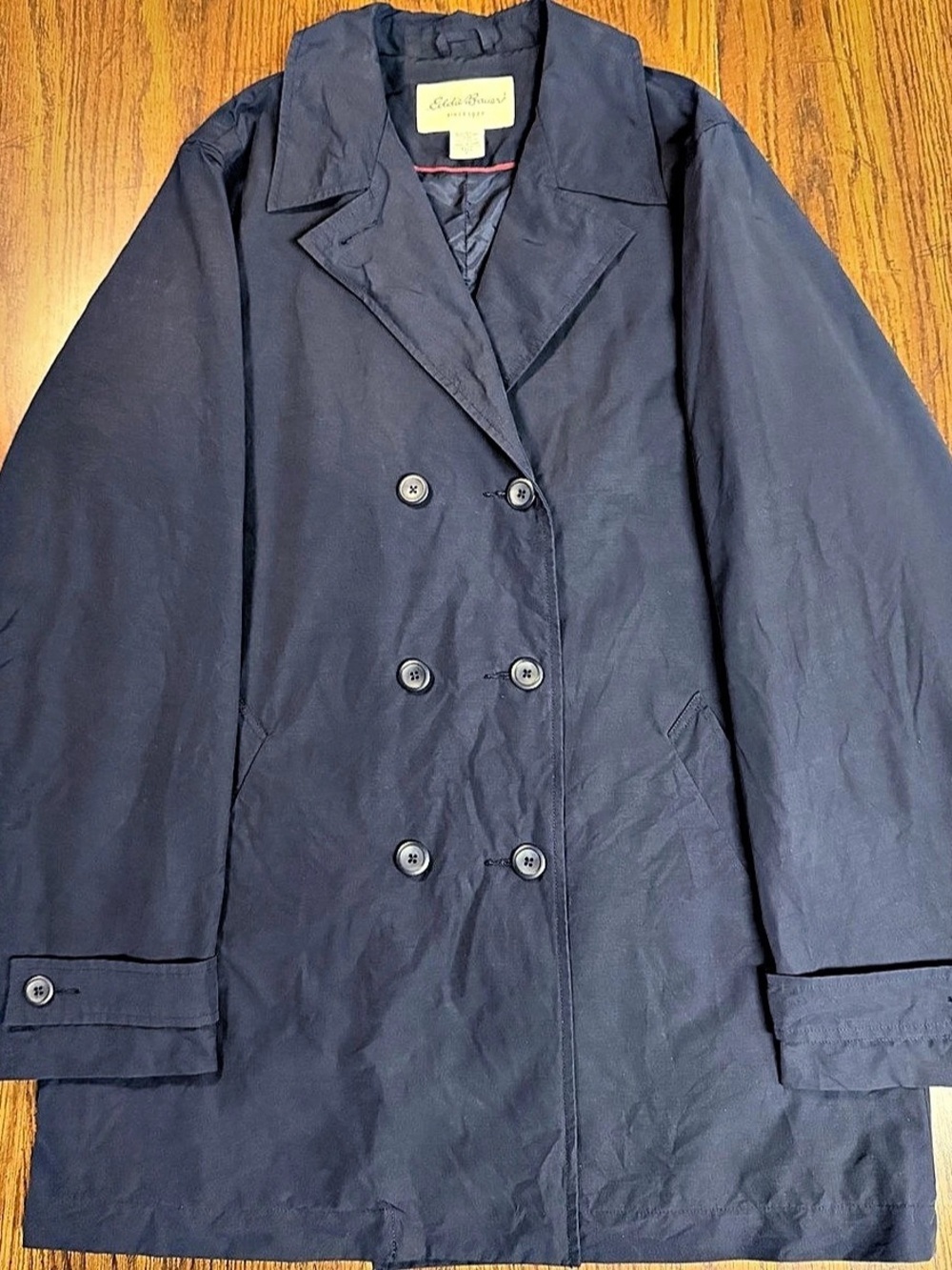Eddie Bauer Women's Tall Large Navy Blue Trench Coat Double Breasted Swing Jacke